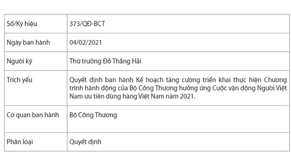 Quyết định 373/QĐ-BCT ban hành Kế hoạch tăng cường triển khai thực hiện Chương trình hành động của Bộ Công Thương hưởng ứng Cuộc vận động Người Việt Nam ưu tiên dùng hàng Việt Nam năm 2021