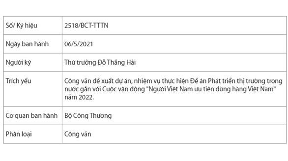 Công văn số 2518/BCT-TTTN về việc đề xuất dự án, nhiệm vụ thực hiện Đề án Phát triển thị trường trong nước gắn với Cuộc vận động 