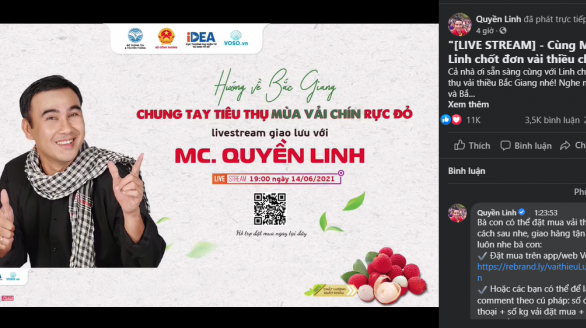 Nghệ sĩ Quyền Linh đồng hành cùng bà con Bắc Giang tiêu thụ hơn 161 tấn vải thiều qua livestream